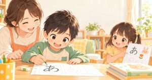 無料ひらがな練習プリントを使って文字を書く男の子と見守る母親