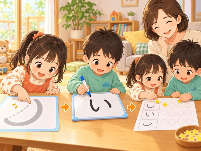 指なぞり・ホワイトボード・ご褒美シールでひらがなを練習する子ども