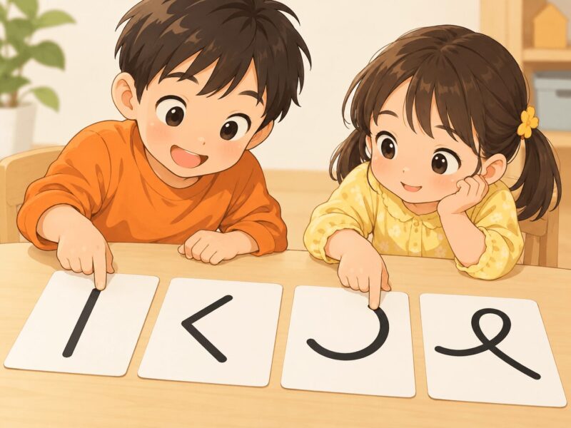 直線・折れ線・曲線・結びの形から書きやすい文字を選ぶ子ども