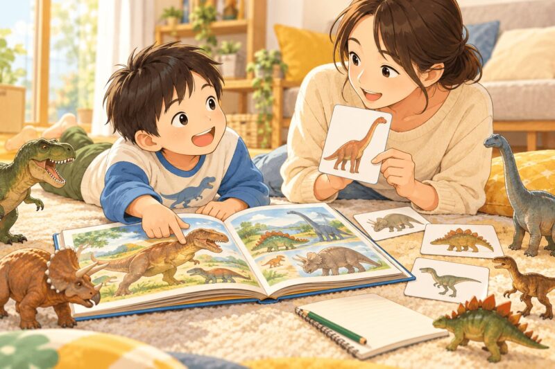 home-learning-dinosaur-interest.png	恐竜が好きな男の子が図鑑やカードで楽しく家庭学習をするイラスト
