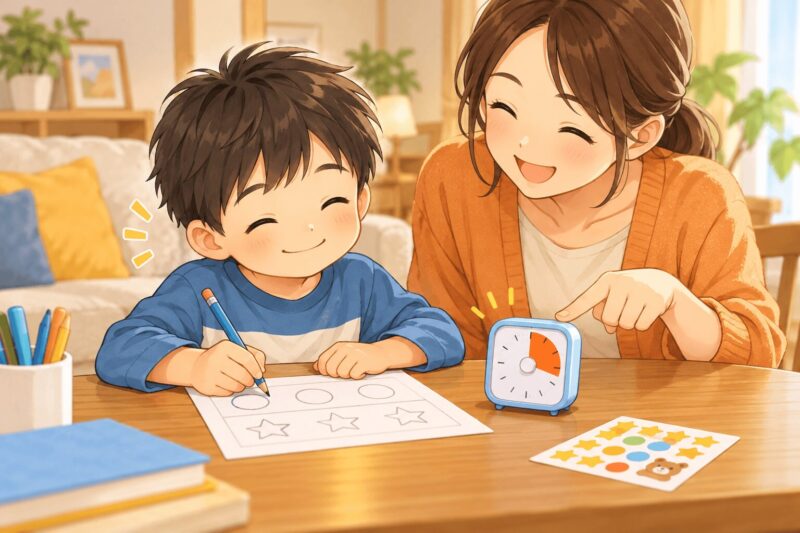 男の子がタイマーを使って5分だけ家庭学習に取り組むイラスト