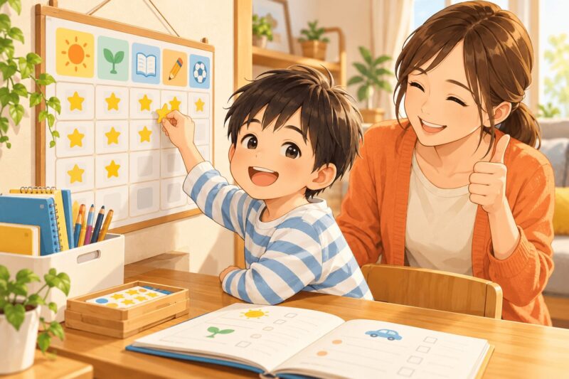 男の子が家庭学習のあとにシールカレンダーで達成感を味わうイラスト