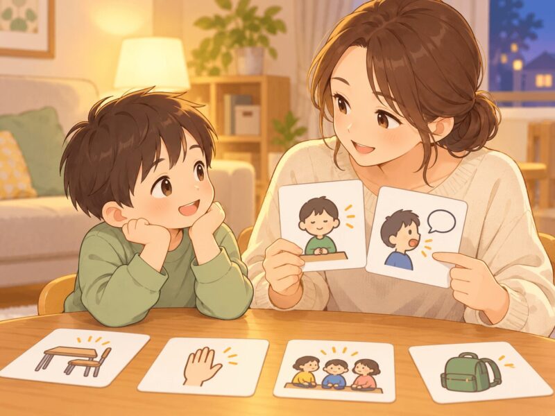 家庭で話していい時間と先生の話を聞く時間を親子で確認するイラスト