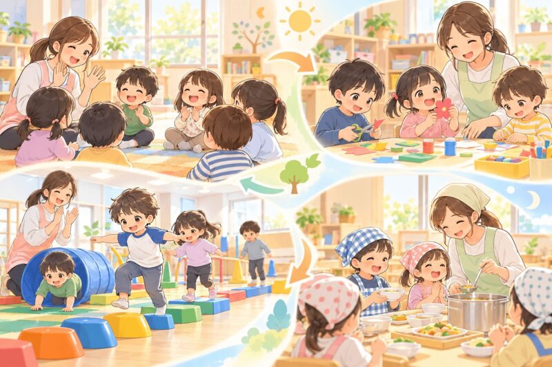 1日型児童発達支援で朝の会・製作・運動・昼食など1日の活動に取り組む子どもたちのイラスト