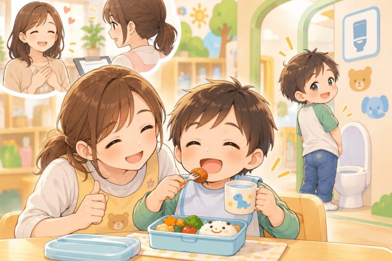 児童発達支援でお弁当や水分補給、トイレに少しずつ慣れていく子どものイラスト
