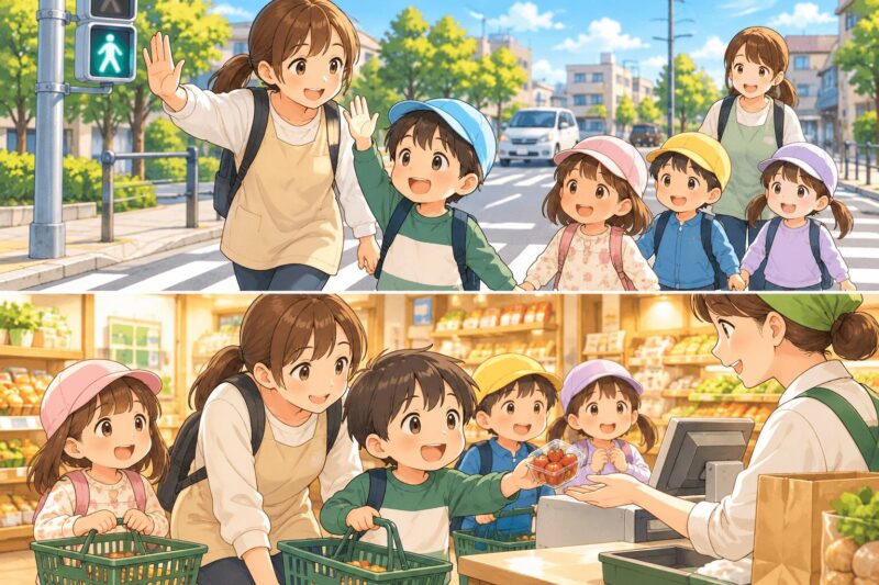 児童発達支援で交通ルールや買い物体験を学ぶ子どもたちのイラスト