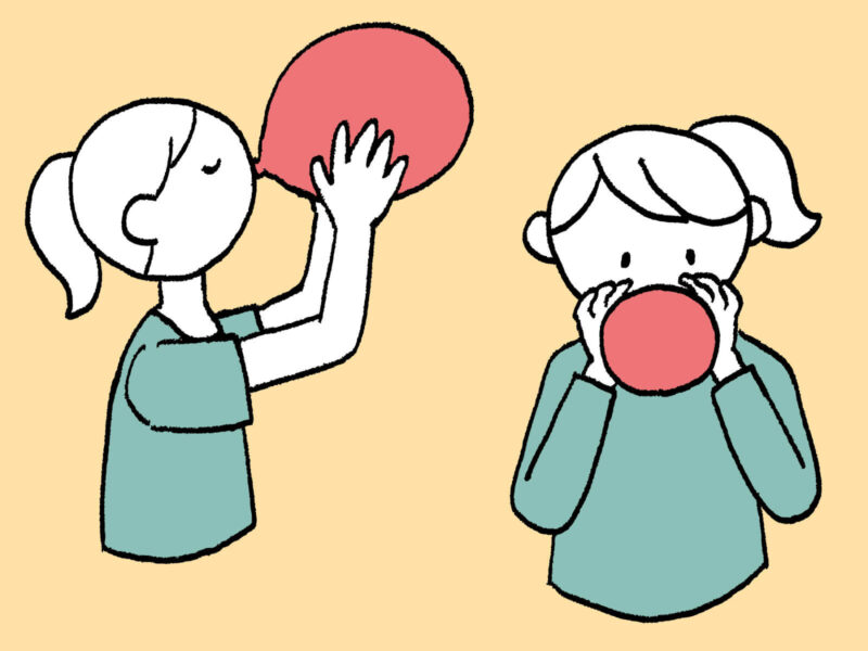 風船をふくらませて息を使う遊びをしているイラスト