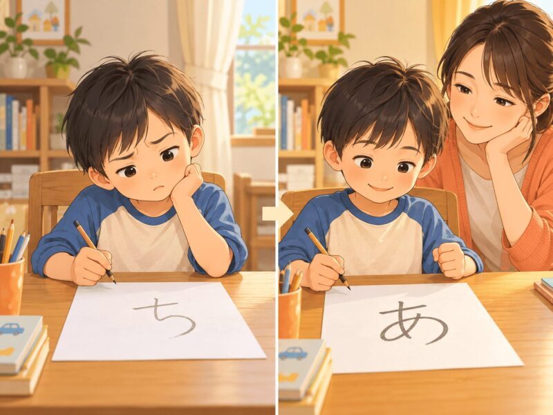 ひらがなの「あ」が書けなかった男の子が練習後に書けるようになった様子