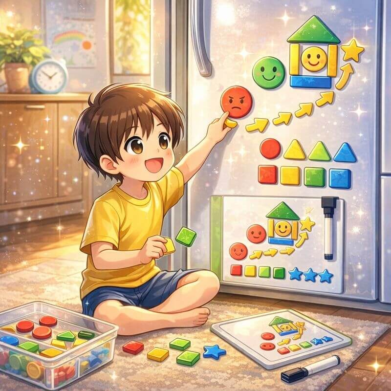 年長の男の子がマグネットで遊ぶイラスト