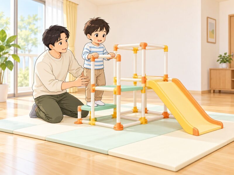 マットを敷いた室内ジャングルジムで父親に見守られて遊ぶ男の子