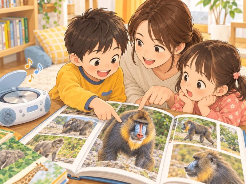 japanese-cd-animal-encyclopedia.png	日本語CDで聞いたマントヒヒを動物図鑑で確かめる親子