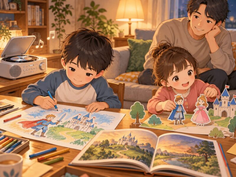 japanese-cd-imaginative-story-play.png	CDの音楽から王子様とお姫様の物語を想像して遊ぶ子どもたち
