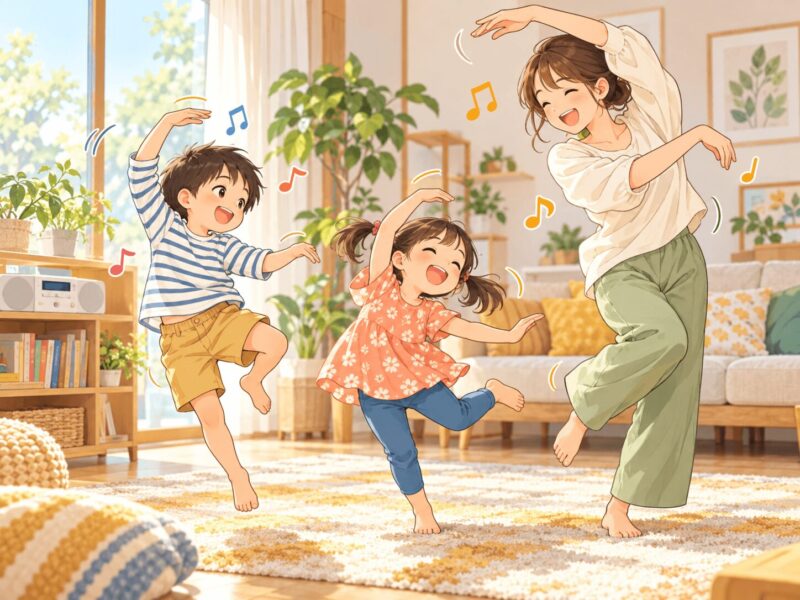 japanese-cd-song-movement-play.png	日本語CDの歌に合わせて親子で体を動かす男の子と女の子