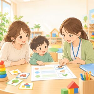 児童発達支援の個別支援計画を親子と支援員が一緒に確認するイラスト