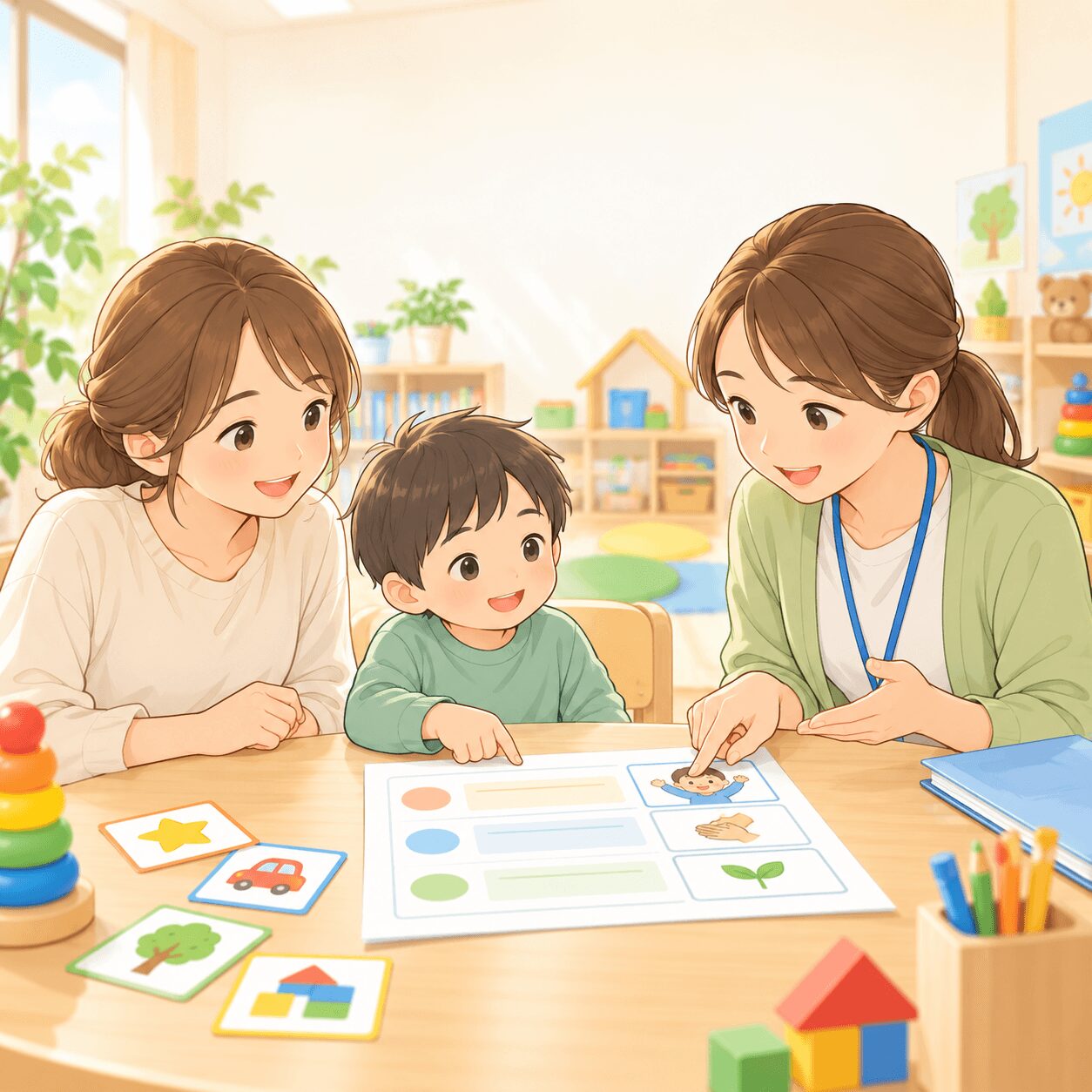 児童発達支援の個別支援計画を親子と支援員が一緒に確認するイラスト
