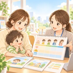 児童発達支援の2026年度対象年齢と無償化を相談する親子のイラスト