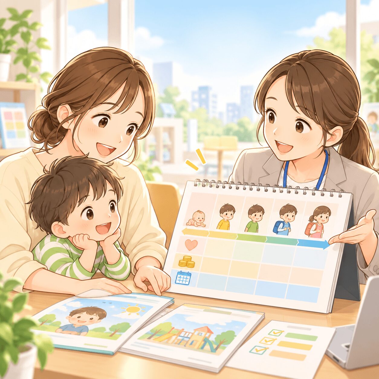 児童発達支援の2026年度対象年齢と無償化を相談する親子のイラスト