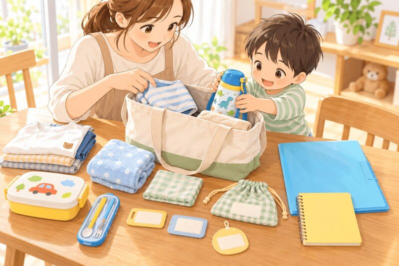 児童発達支援の初日に必要な持ち物を親子で準備する様子