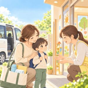 児童発達支援の初日に親子が支援員に迎えられるイラスト