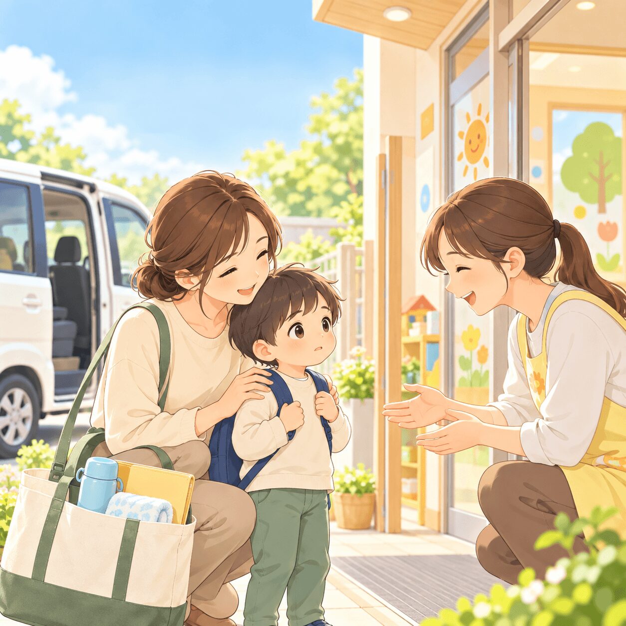 児童発達支援の初日に親子が支援員に迎えられるイラスト
