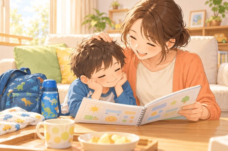 児童発達支援の初日後に親子で活動報告を確認するイラスト