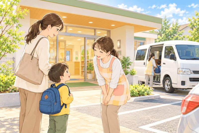 児童発達支援の送迎で親子が支援員にあいさつするイラスト