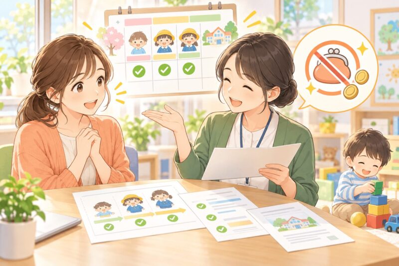  児童発達支援の無償化対象を支援員に確認する保護者のイラスト