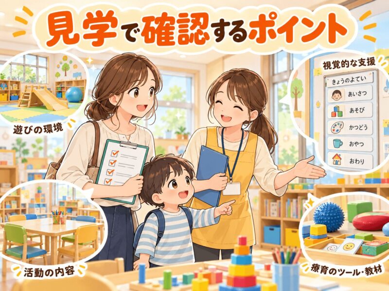 児童発達支援事業所を見学して遊びの環境や視覚支援や療育教材を確認する親子のイラスト
