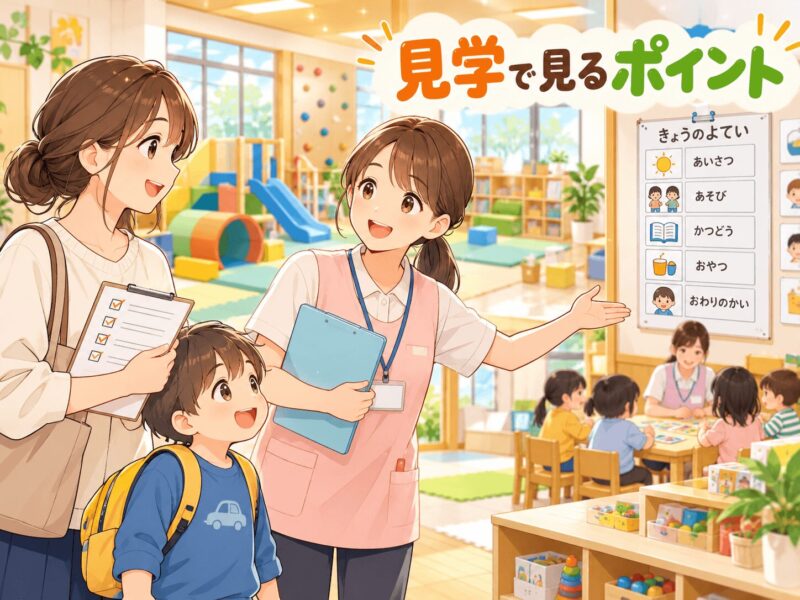 児童発達支援事業所を見学して支援内容や環境を確認する親子のイラスト