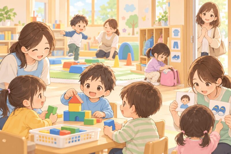 児童発達支援で子どもが小集団活動や身支度練習をするイラスト