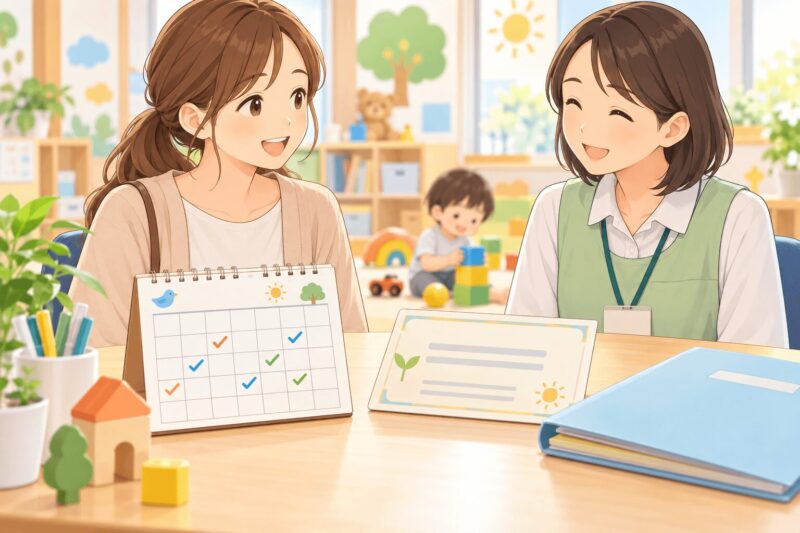 児童発達支援の利用日数をカレンダーと受給者証で確認するイラスト