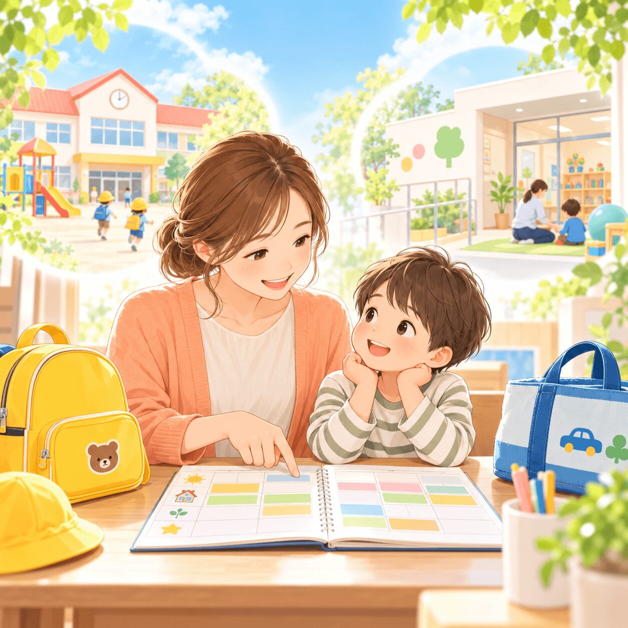 児童発達支援と幼稚園を併用するスケジュールを親子で確認するイラスト