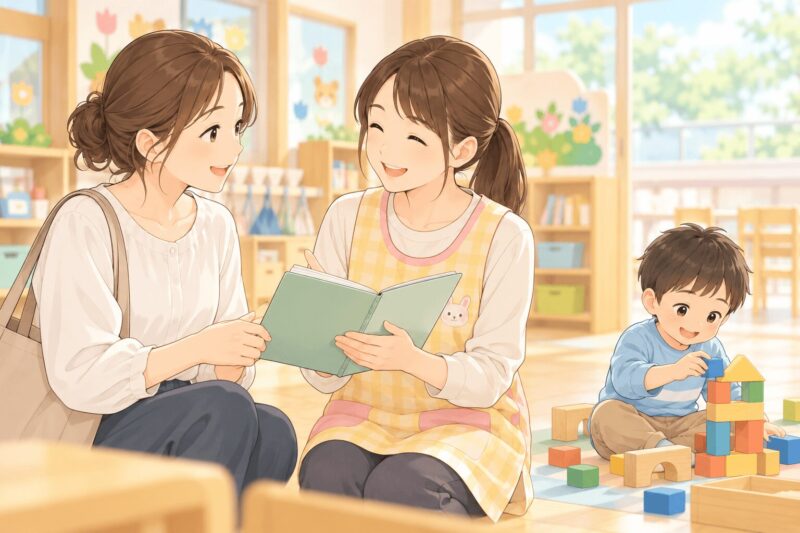 幼稚園の先生と保護者が子どもの様子を共有するイラスト