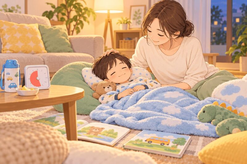 care.png	療育と幼稚園を併用した日の夜に子どもが安心して休む様子