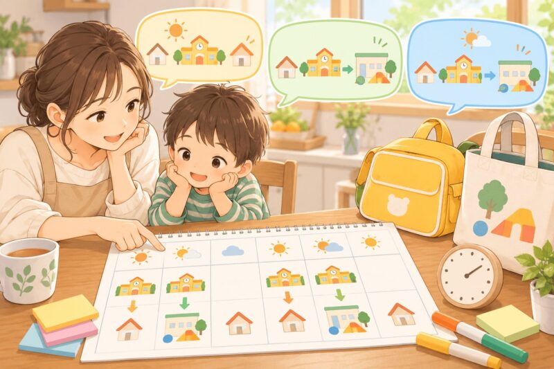 幼稚園と児童発達支援を併用する1週間のスケジュールを親子で確認する様子