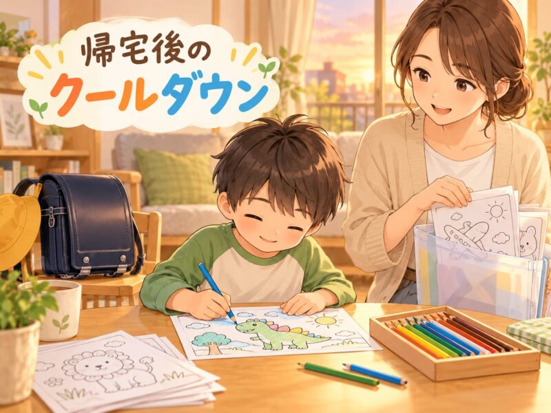 帰宅後に塗り絵でクールダウンする小1の子どもと見守る母のイラスト