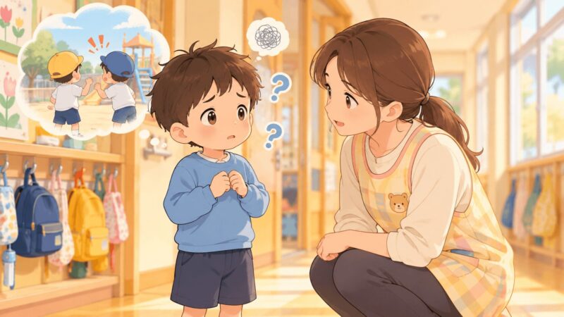お友達トラブルのあと理由を話せず戸惑う男の子に先生がやさしく聞くイラスト
