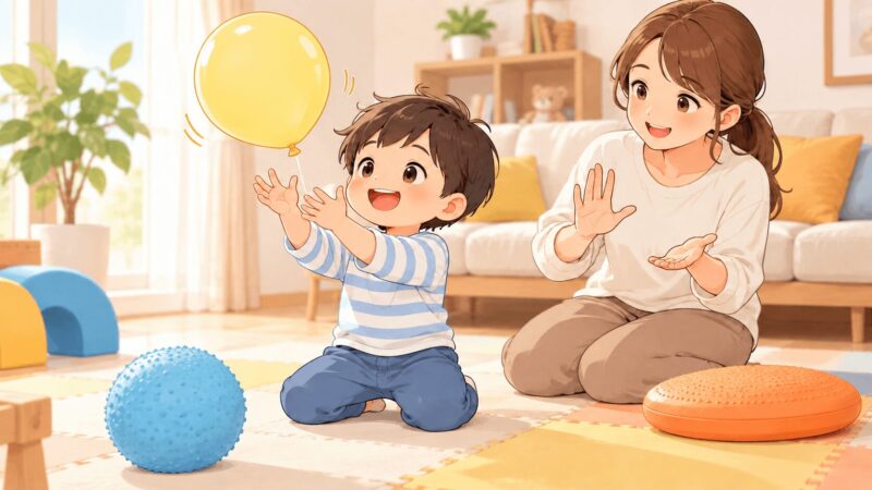 男の子が風船遊びでやさしい力加減を練習する親子のイラスト