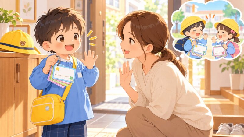 男の子が名前カードを見ながら登園前にお友達へのあいさつを練習するイラスト