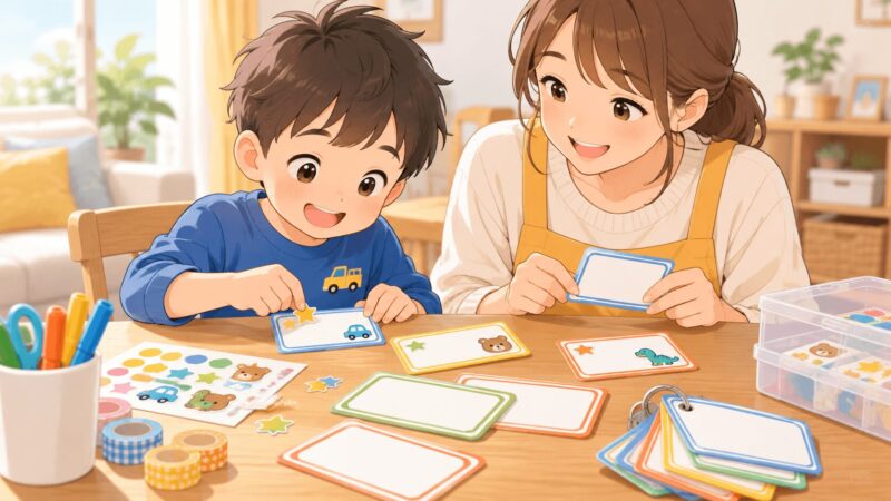 男の子が母親と一緒に幼稚園のお友達の名前カードを手作りするイラスト