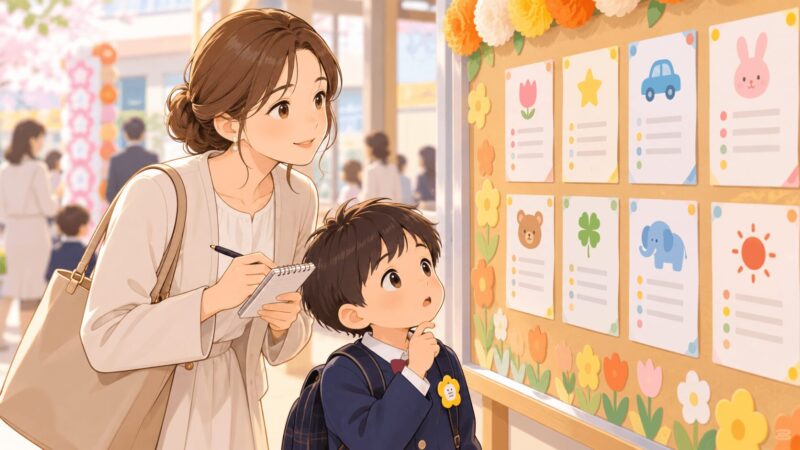 kindergarten-name-list-privacy-board.png	幼稚園の掲示板を見ながら母親と男の子がお友達の名前を確認するイラスト