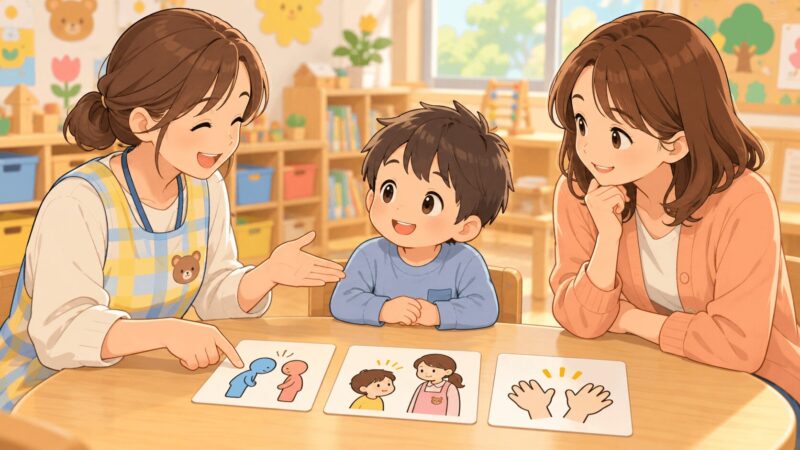 幼稚園の先生と母親が男の子に絵カードでトラブル時の対応を伝えるイラスト
