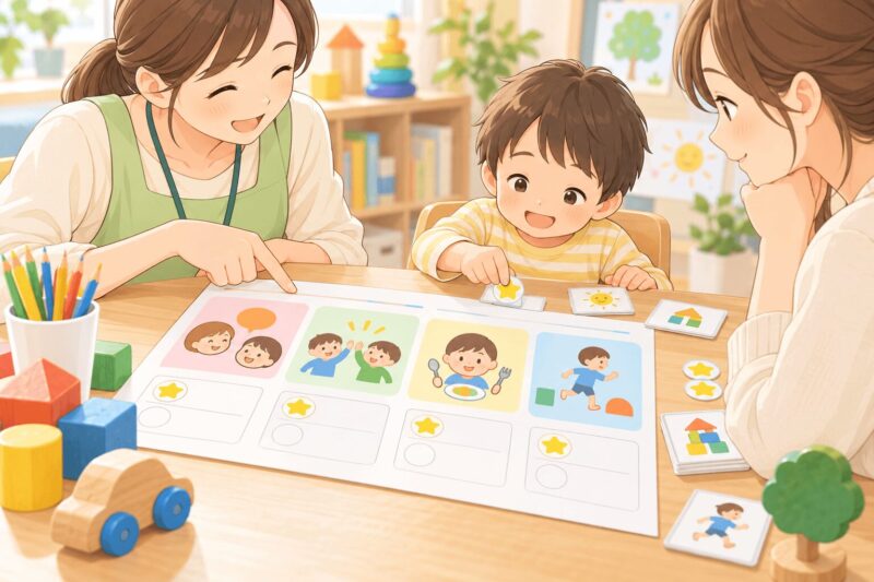 cards.png	個別支援計画の目標カードを使って子どもの支援内容を確認する様子