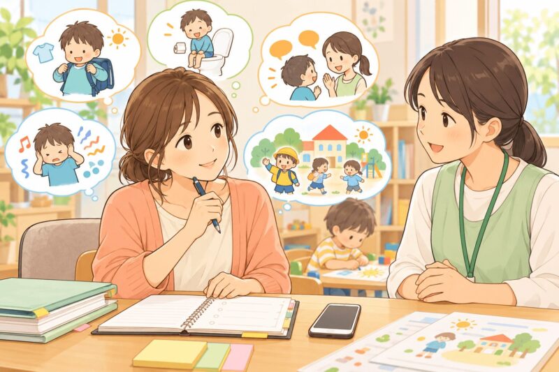 別支援計画の面談で保護者が子どもの困りごとをメモして伝えるイラスト