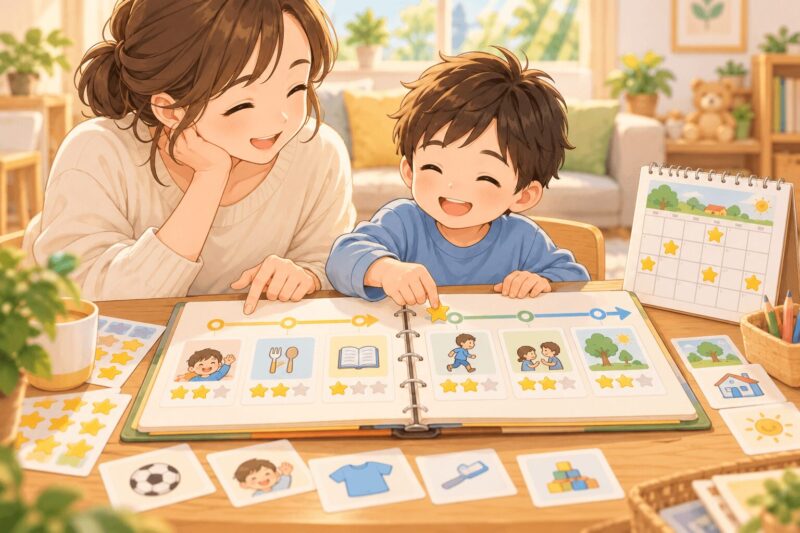 個別支援計画を家庭で見直し子どもの成長を親子で確認するイラスト
