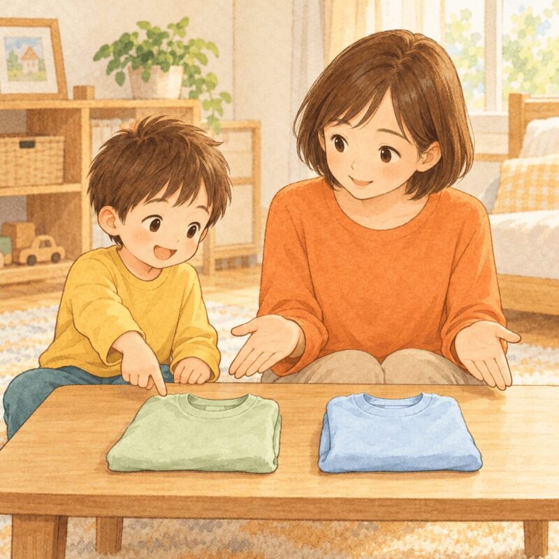 母親に台を支えてもらいながら、自分で型はめパズルを入れる子ども