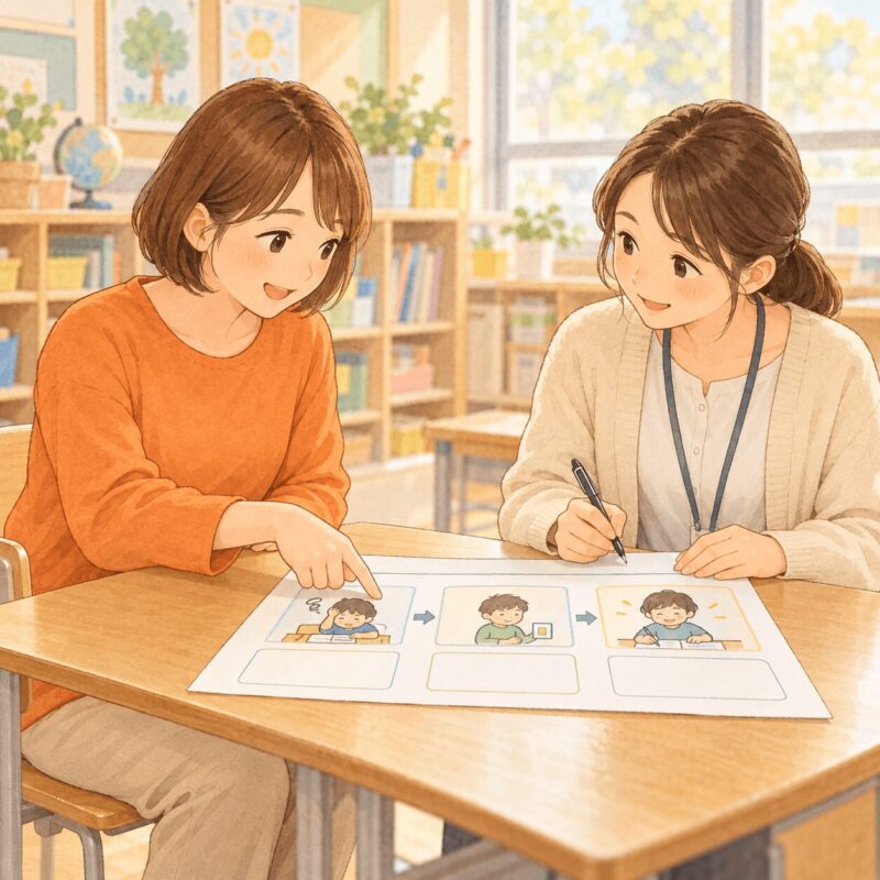 子どもの困りごとと支援方法について、資料を見ながら相談する母親と先生