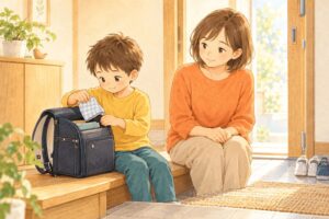自分でランドセルにハンカチを入れる子どもと、そばで見守る母親