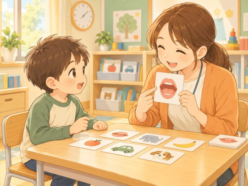 ことばの教室で先生と発音や話す練習をする子どものイラスト