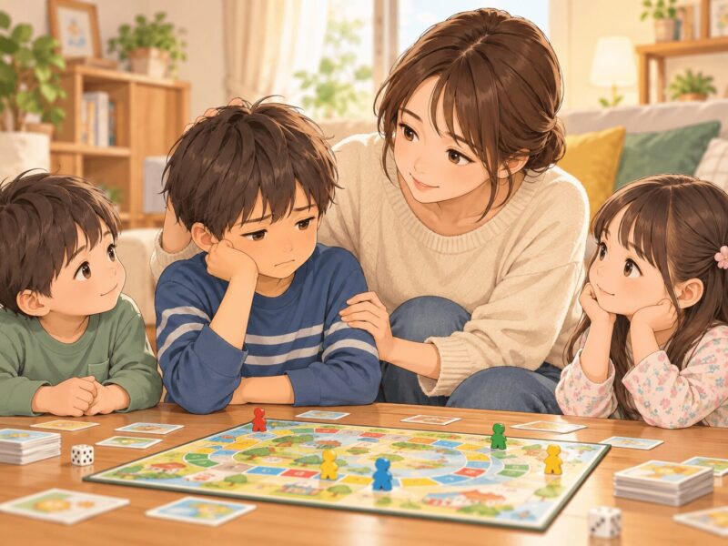 ゲームに負けて悔しがる男の子の気持ちに寄り添う母親